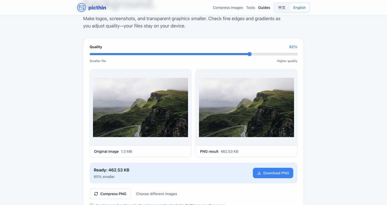 PNG compression at 82% quality, reducing the landscape sample from about 1.3 MB to 462.53 KB